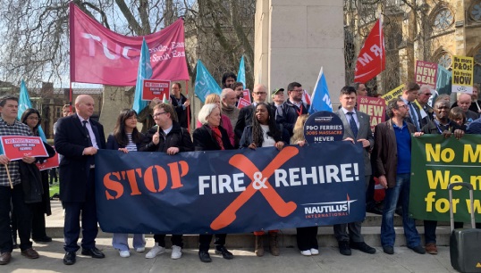 Image:Nautilus International alongside RMT, The TUC and ITF at demonstration acknowledging two years since P&O Ferries. Image: Nautilus International
