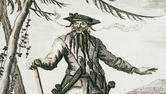 Image:Detail from an illustration of the pirate Edward 'Blackbeard' Teach. Image: Royal Museums Greenwich