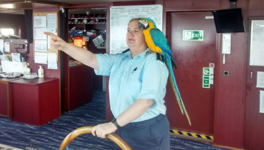 Image:Nicky Boak embracing her recently-adopted nautical career. Image: Nicky Boak