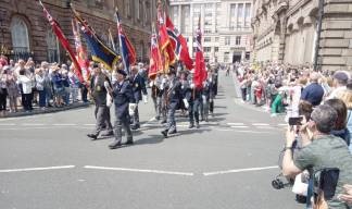 Image:Merchant Navy standard bearers during the March for the Medals. Image: Nautilus International