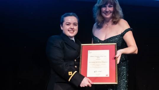 Image:Katie Jane McGahan Hargreaves (left) being presented with the MCA Officer Trainee of the Year award for 2023 by Virginia McVea, MCA CEO. Image: Blackpool and The Fylde College