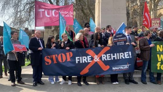 Image:Rally at Westminster to mark the third anniversary of P&O Ferries' mass sackings. Image: Nautilus International