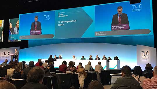 Image:Nautilus official Garry Elliott, head of international organising, presents a motion at a previous TUC conference. Image: Nautilus International
