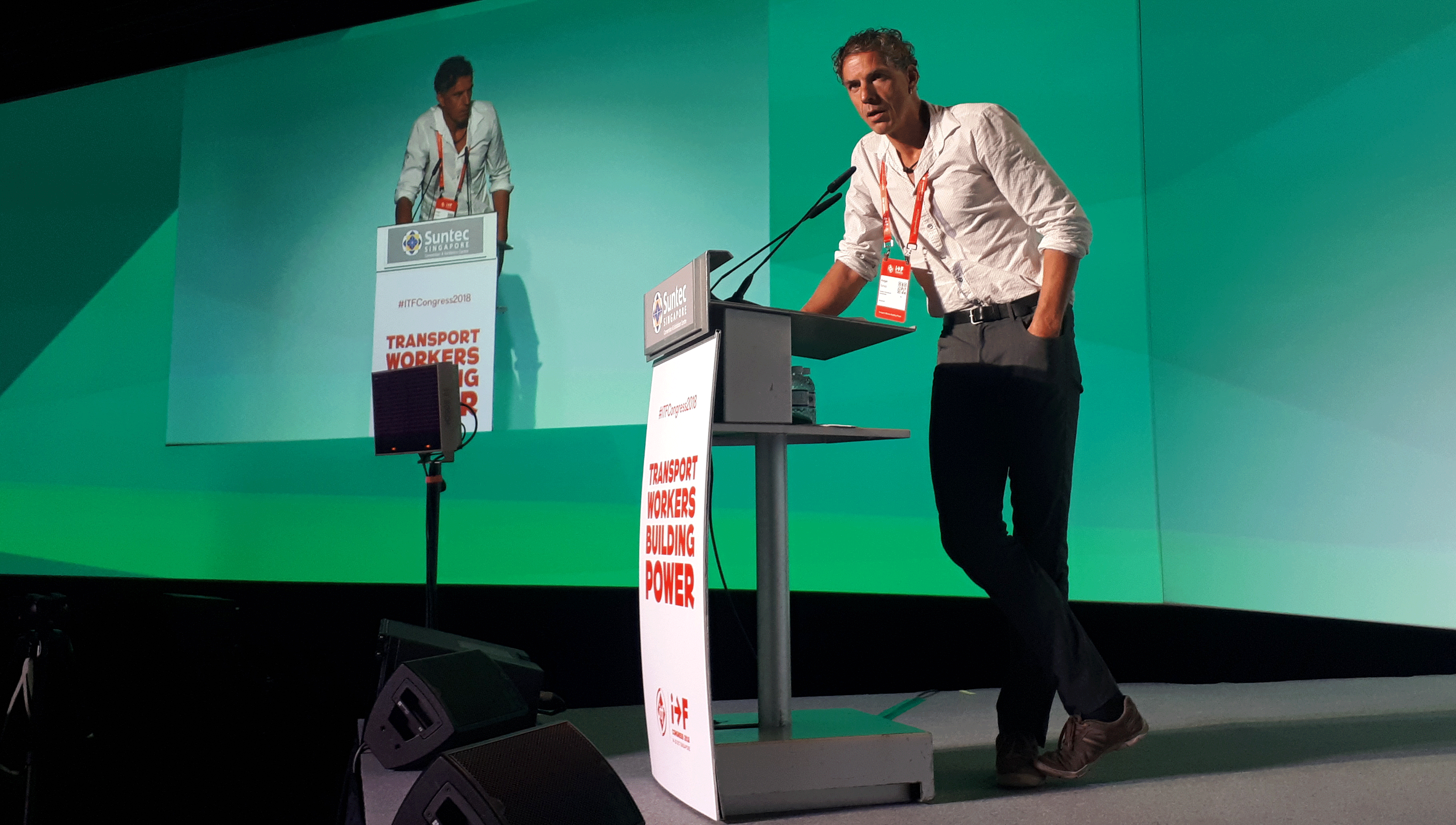 Image:Nautilus Switzerland branch national secretary Holger Schatz addresses the ITF Congress in Singapore