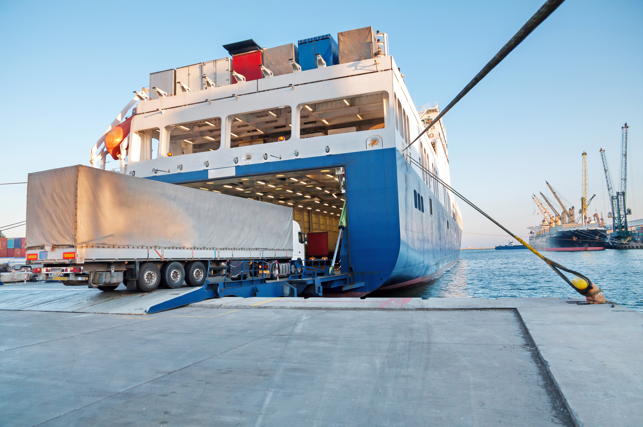 Image:A lorry being loaded onto a ferry. Image: Getty
