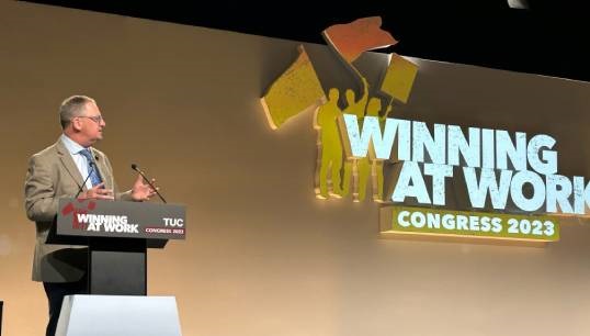 Image:Nautilus general secretary Mark Dickinson speaks to  the Union's TUC 2023 motion on tackling Flags of Convenience and growing domestic shipping. Images: Nautilus International