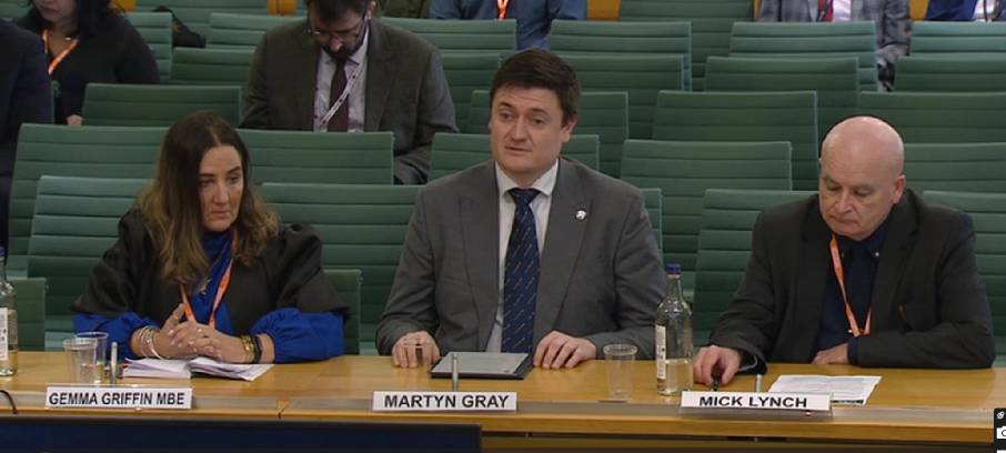 Image:In November 2024, Nautilus director of organising Martyn Gray (centre) gave evidence to the UK parliament alongside Gemma Griffin of DFDS and Mick Lynch of the RMT union. Mr Gray told MPs that loopholes allowing 'fire and rehire' must be closed in the forthcoming Employment Rights Bill. Image: Parliament TV
