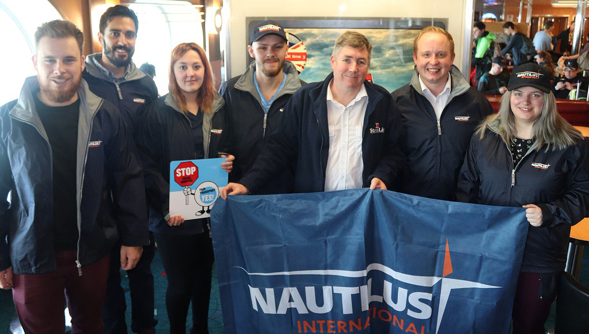 Image:Members of the Nautilus Young Maritime Professionals forum met a Stena ferry liaison officer during their Fair Transport youth journey for a meeting with colleagues in Rotterdam. They will also head to Brussels to join other young workers who have made their own trips from across Europe to take part in the ETF campaign action.