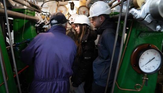 Image:Engineer Gordon Whitehead with students from Riverside College Widnes & Runcorn  on historic vessel The Danny in Liverpool, as part of a maritime heritage and future skills project. Image: Wes Storey /The Danny