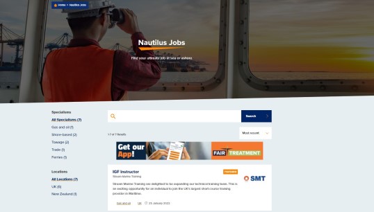 Image:The new jobs board. Roles suitable for Nautilus members and other maritime professionals are now being posted regularly.