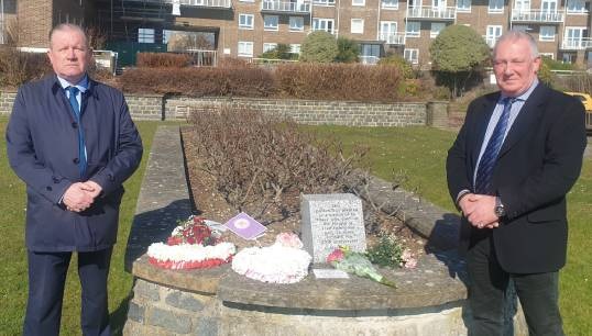 Image:L-R: Nautilus head of industrial Micky Smyth (left) was accompanied by Nautilus member and chief engineer Phil Lees. They are pictured in the Remembrance Garden on Dover seafront. CREDIT: Nautilus International