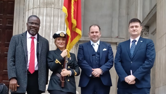 Image:Some of the Nautilus contingent at the 2024 ANSS service outside St Paul's Cathedral, London. Including L-R: Nautilus deputy general secretary Olu Tunde; 2024 Bevis Minter Award recipient Scarlett Barnett-Smith; the Union's director of welfare and care Andrew Jones; and Nautilus director of organising Martyn Gray. Image: Nautilus International