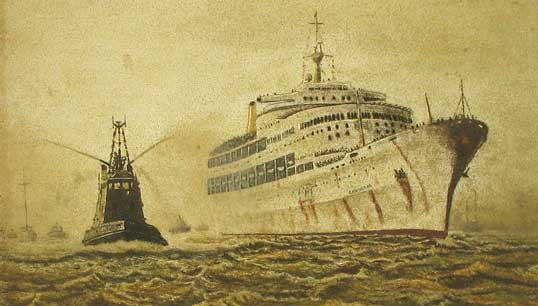 Image:The liner Canberra returning to Southampton from the Falklands, pictured in a sand artwork by Brian Pike. Image: Brian Pike/Wikimedia Commons
