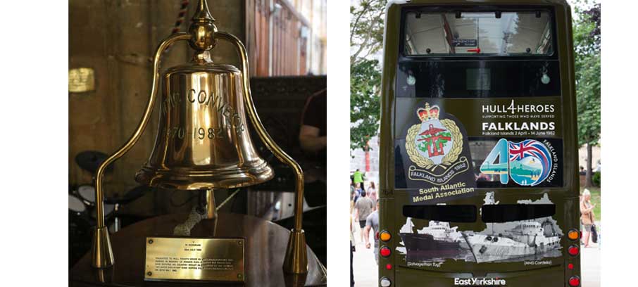 Image:Left: Trinity House Hull opened its doors to the public for the weekend, and visitors saw this bell which remembers a former cadet who lost his life in the Falklands. Right: A local bus which was specially painted for the Hull Falklands 40 weekend