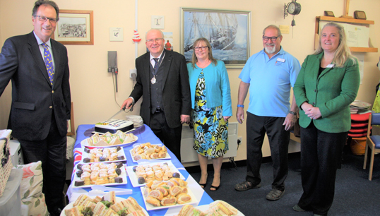 Image:From Left:  Henry Cator OBE, DL; Adrian Thompson deputy mayor of Great Yarmouth; Jenny Thompson; Revd. Peter Paine and Catherine Spencer CEO of the Seafarers' Charity. Image: Maurice Gray