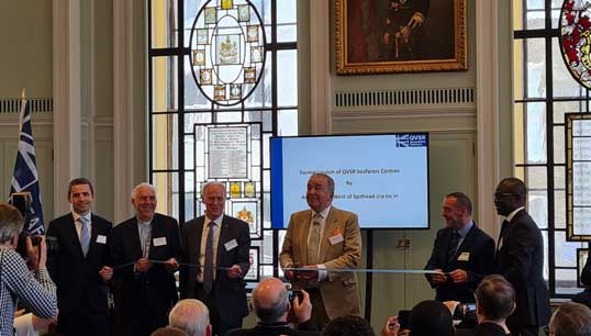 Image:Lord West of Spithead, a former First Sea Lord, at the Trinity House launch event  marking the official transfer of the seafarers' centres located at the ports of Immingham, Bristol, and Felixstowe to the new QVSR Seafarers Centres charity. Image: QVSR 