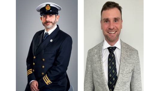 Image:L-R: Nautilus Council member Allan Dickson in his second engineers uniform, and Captain Ewan Rattray, a former pilot who now works ashore following a life changing injury. Images: courtesy of awardees