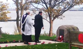 Image:The wreath being laid at the Atlantic Stone, during the Armistice Day ceremony at Nautilus Mariners' Park. Image: Nautilus International