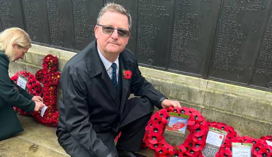 Image:Nautilus general secretary Mark Dickinson lays a wreath at the Merchant Navy Memorial at Tower Hill in London, alongside Sarah Treseder, CEO of the UK Chamber of Shipping  CREDIT: Nautilus International