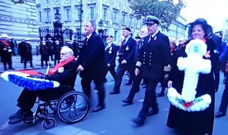 Image:At the Cenotaph in London 2022 it was the turn of the National Federation of Fishermen's Organisations to lay a wreath on behalf of the Merchant Navy and Fishing Fleets. Civilian seafarers were also represented by a delegation from the Merchant Navy Association in the march past the Cenotaph which followed the main ceremony. Image: BBC1 TV screenshot
