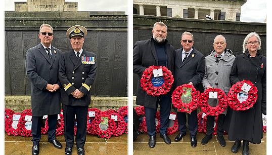 Image:Nautilus general secretary Mark Dickinson (left) laid a wreath at the Merchant Navy memorial, at Tower Hill, London. With him is RFA Commodore David Eagles. Also at Tower Hill,  L-R are: Oleg Grigoryuk chair of the Maritime Trade Union of Ukraine; Mr Dickinson; Mark Carden assistant national secretary of the RMT; and Sarah Treseder CEO at the UK Chamber of Shipping. All images: Nautilus International