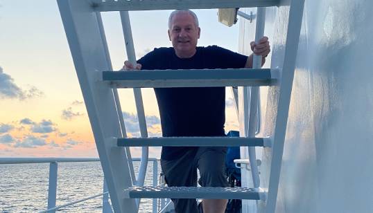 Image:Offshore supervisor Gordon Foot doing some legwork on  ship's stairs in training for a 5,895m climb in Kilimanjaro for international maritime charity Sailors' Society.  Image: Sailors' Society
