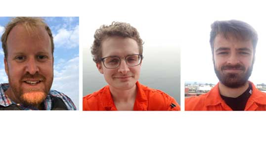 Image:The seafaring fundraisers from left: master Steve Tindale, chief officer Tommy Weir, and second officer James Pine.