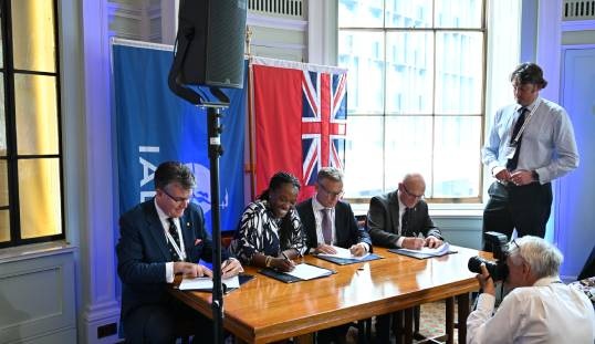 Image:Rear Admiral Iain Lower of Trinity House (left) and Commodore Mike Bullock (right) of the Northern Lighthouse Board during the signing of a Memorandum of Understanding about the future of aids to navigation. Image: Trinity House
