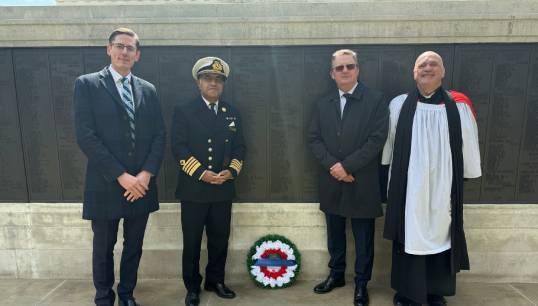 Image:Nautilus general secretary Mark Dickinson (second from right)  at the Merchant Navy Memorial on Tower Hill for the 80th anniversary of VE Day wreath-laying ceremony. Images: Nautilus International