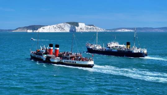 Image:UK historic vessels, the steamship SS Shieldhall and paddle steamer PS Waverley, passing the Needles off the Isle of Wight in 2023. Images: Will Faulkner/Shieldhall