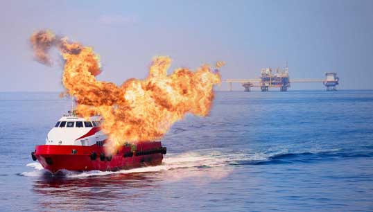 Image:One of the four webinar courses covers Advanced Fire Fighting.  Image : Offshore vessel fire. Getty Images
