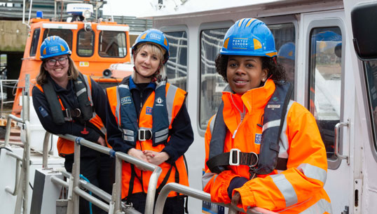 Image:PLA apprentice intakes from March 2021 : marine engineering apprentice Rosie Arrowsmith and marine operative apprentices Clemence Barbey and Beauty Marshall. Image: PLA