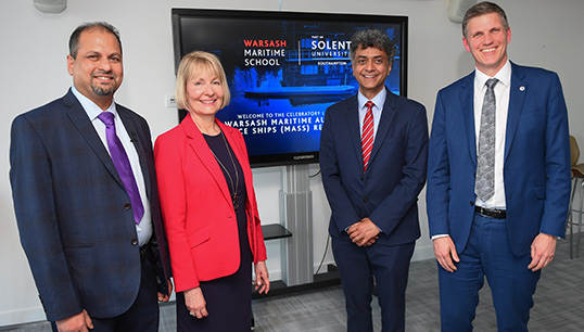 Image: At the launch event for the Warsash MASS Research Centre, L-R: Associate Professor Zakirul Bhuiyan, vice-chancellor Professor Karen Stanton, Professor Syamantak Bhattacharya, Warsash Maritime School director Lars Lippuner  CREDIT: Solent University 