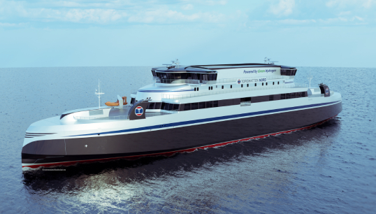 Image:Artist's impression of a new vessel powered by hydrogen fuel cells which has been commissioned by the Norwegian ferry operator Torghatten.  Image: Torghatten