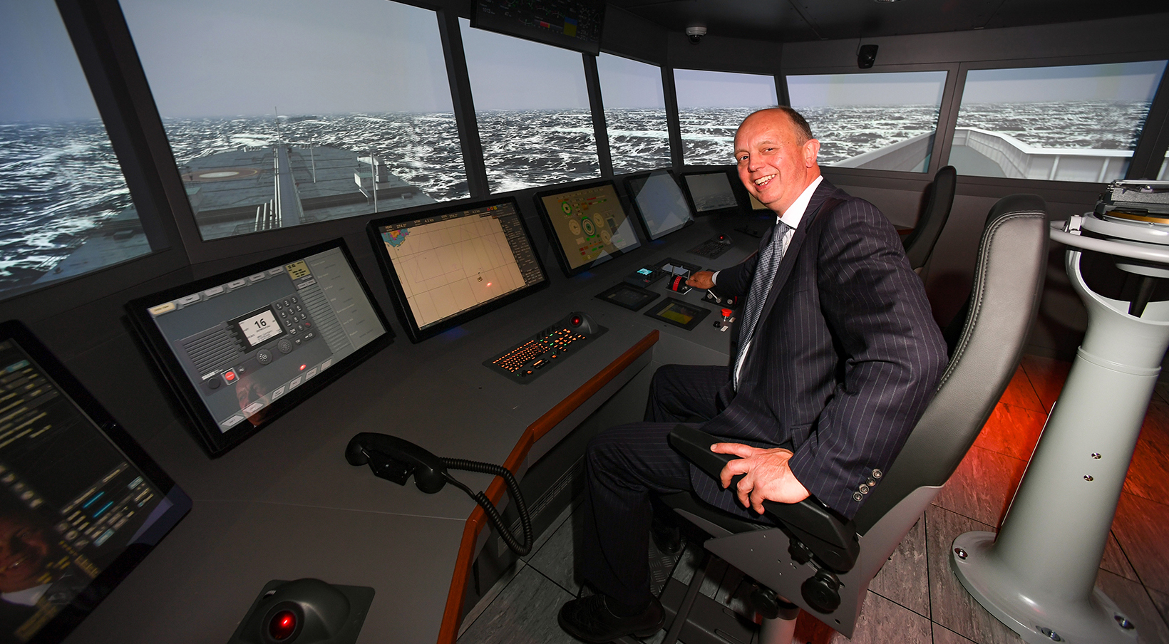 Image:UK Chamber of Shipping president Sir Michael Bibby at the main bridge simulator in the new Warsash School of Maritime Science and Engineering centre at Solent University in Southampton.