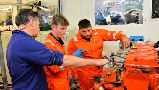 Image:UKSA and Williams Shipping workboat crew member apprenticeship students participating in their MCA Approved Engine course 2 (AEC2). Image: UKSA