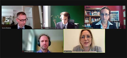 Image:Panellists, from left to right: Damien Meadows, DG Clima; Jacob Armstrong, Transport & Environment shipping team; Estelle Dehon, Cornerstone Barristers; Dr Lambert Schneider, Oeko Institute; Jytte Guteland MEP.