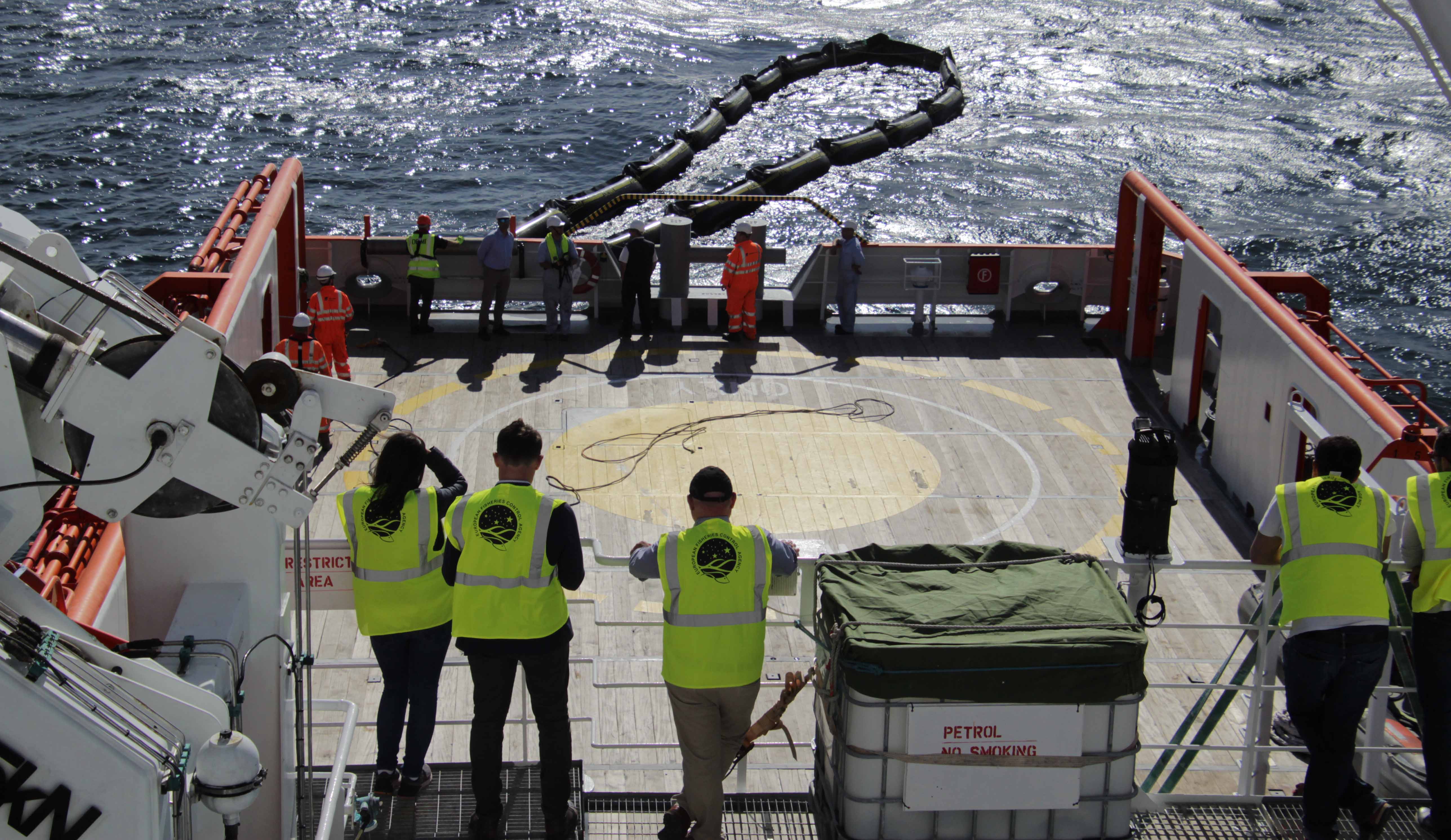 Image:The chartered anti-pollution vessel at work. Image: EFCA Operations