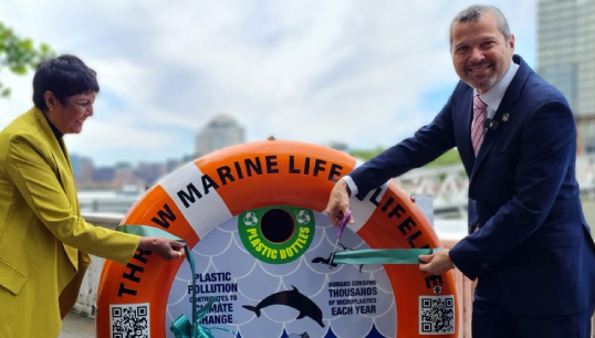 Image:IMO secretary-general Arsenio Dominguez (right) alongside GreenSeas Trust founder Fazilette Khan, unveiling the latest BinForGreenSeas on the River Thames. Image: Nautilus International