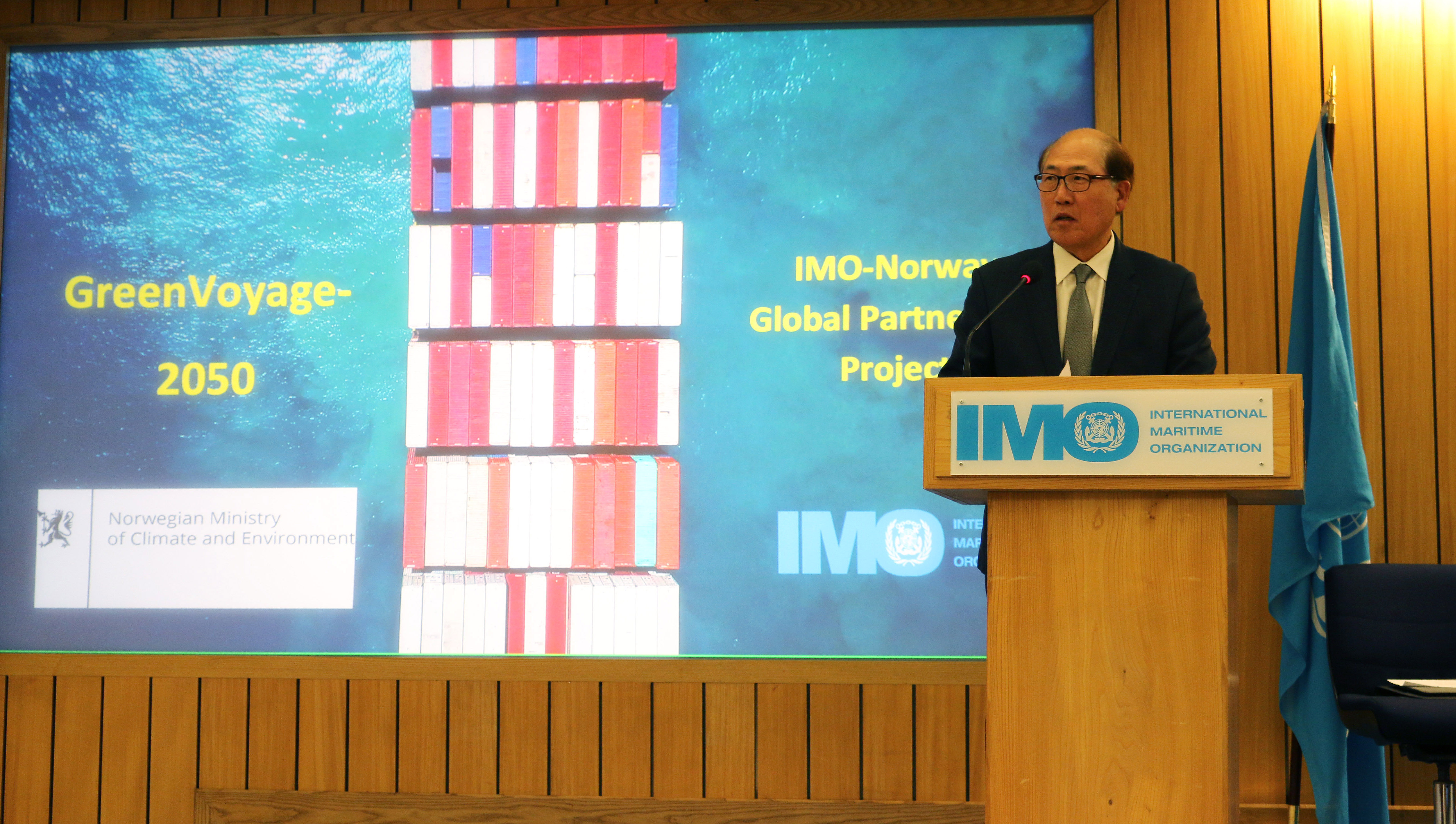 Image:IMO Secretary-General Kitack Lim talks about the collaborative initiative with Norway - the GreenVoyage-2050 project - which aims to tackle greenhouse gas emissions. Image: IMO
