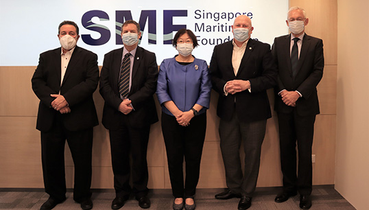 Image:Supporting a just transition for maritime workers during Singapore Maritime Week, L-R: ITF Seafarers Section chair David Heindel; ICS secretary general Guy Platten; Singapore Maritime Foundation executive director Tan Beng; ITF general secretary Stephen Cotton; ICS chair Esben Poulsson. Image: ICS