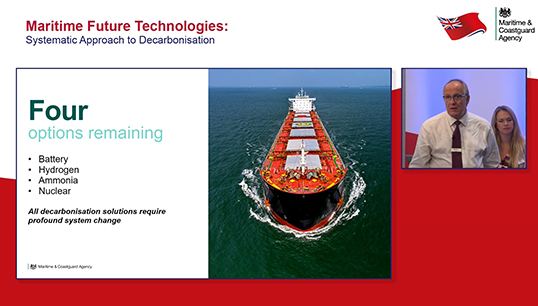Image:Brian Johnson, CEO of the UK Maritime and Coastguard Agency, speaking at the London International Shipping Week event 'Maritime Future Technologies – a systematic approach to the decarbonisation of shipping'.  Image: screenshot from event