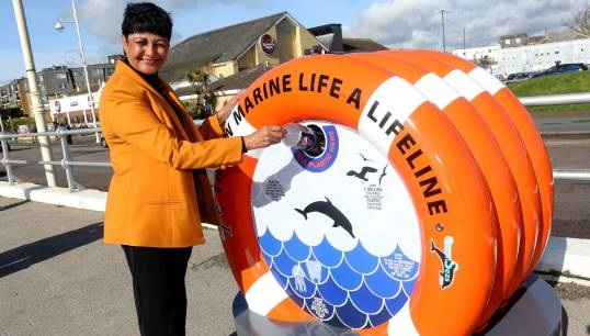 Image:Fazilette Khan with the Bognor Regis BinForGreenSeas.  Image: GreenSeas Trust