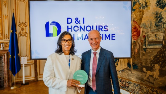 Image:Gustavo Abdiel Aguilar-Miranda (left) receives his Honour for Diversity and Inclusion in Maritime during the EU Wellbeing of Seafarers conference. Image: DG Shipping/Belgian Ministry of Transport