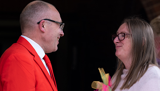 Image:Funeral celebrant Alistair Devine with Wendy's sister Nicky Woodruff. Image: Jason Shipley