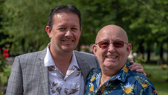 Image:Two guests at Roy 'Wendy' Gibson's funeral and life celebration. On the right is former steward Ray 'Kandy De Barry' Millington, who was Wendy's shipmate on the Norland and a well-known drag performer in Hull. Image: Jason Shipley