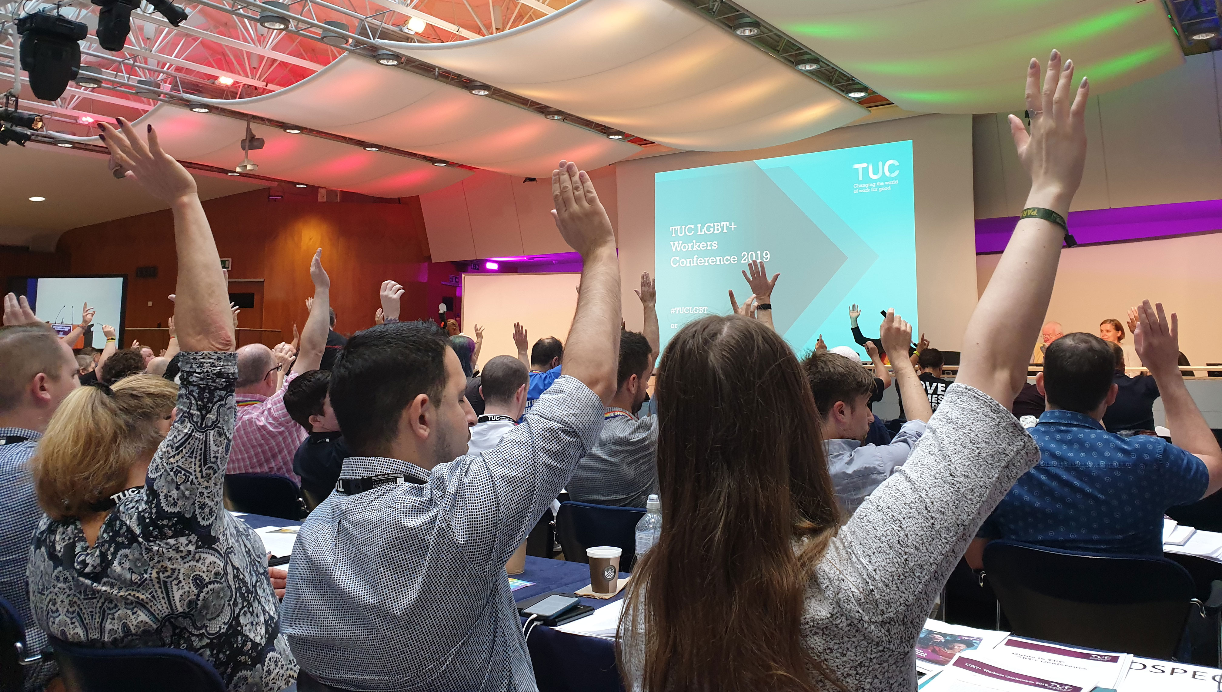 Image:Voting: a previous TUC LGBT+ conference, pre-Covid times. This year the TUC LGBT+ and Women's conferences on equality will be held digitally and member are encouraged to sign up.