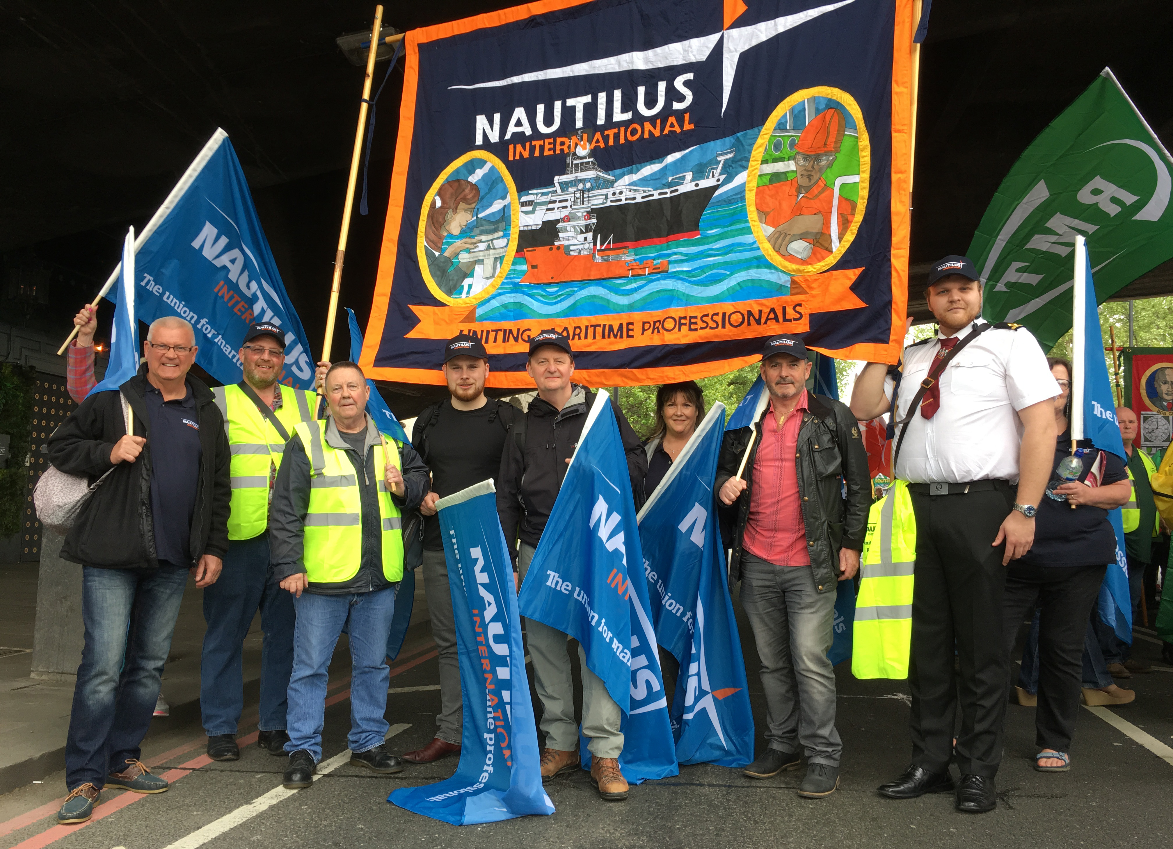 Image:Nautilus International staff and members show their support during the TUC rally in London during 2018.