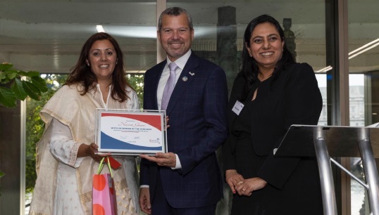 Image:WISTA Woman of the Year Nusrat Ghani MP (left) receives her award from IMO secretary-general Arsenio Dominguez and WISTA UK president Monica Kohli. Image: WISTA UK
