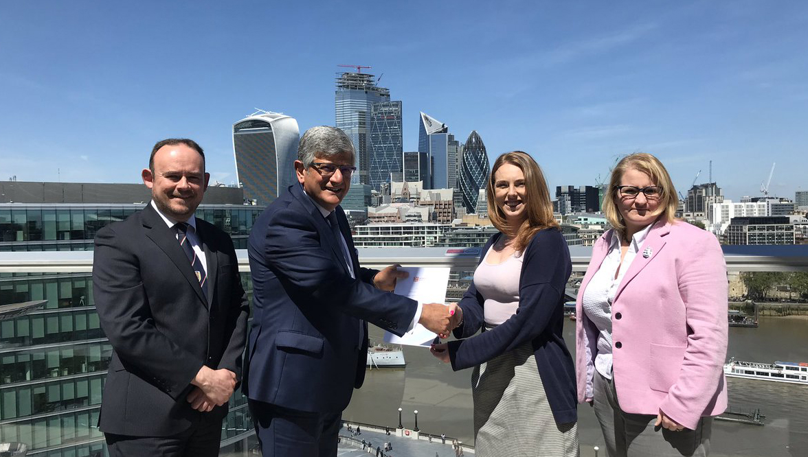 Image:Fleetwood Nautical College is one of four companies to receive charter certification for the Women in Maritime gender diversity programme. From left: Harry Theochari chair of Maritime UK, Neil Atkinson head of Fleetwood Nautical Campus, Lizzie Dykes also of Fleetwood,and Susan Cloggie-Holden the college's 'charter champion'.